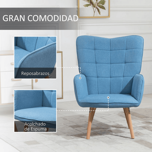 HOMCOM Poltrona de Sala de Estar Moderna Poltrona com Encosto Alto Apoio para os Braços Tecido de Linho e Pés de Madeira de Haya para Sala de Jantar Cozinha 71x76x101cm Azul