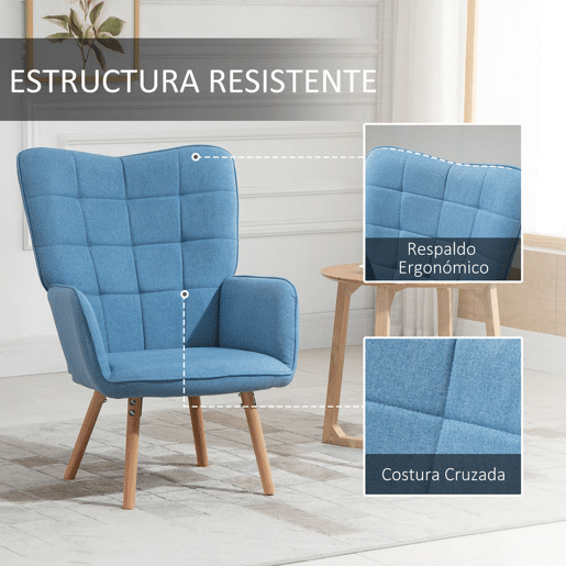 HOMCOM Poltrona de Sala de Estar Moderna Poltrona com Encosto Alto Apoio para os Braços Tecido de Linho e Pés de Madeira de Haya para Sala de Jantar Cozinha 71x76x101cm Azul