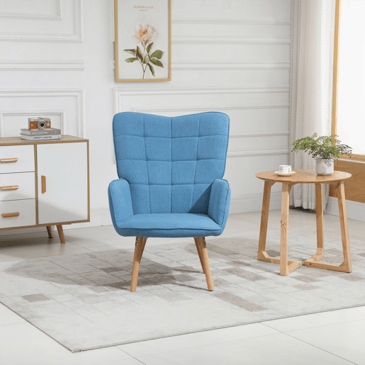 HOMCOM Poltrona de Sala de Estar Moderna Poltrona com Encosto Alto Apoio para os Braços Tecido de Linho e Pés de Madeira de Haya para Sala de Jantar Cozinha 71x76x101cm Azul