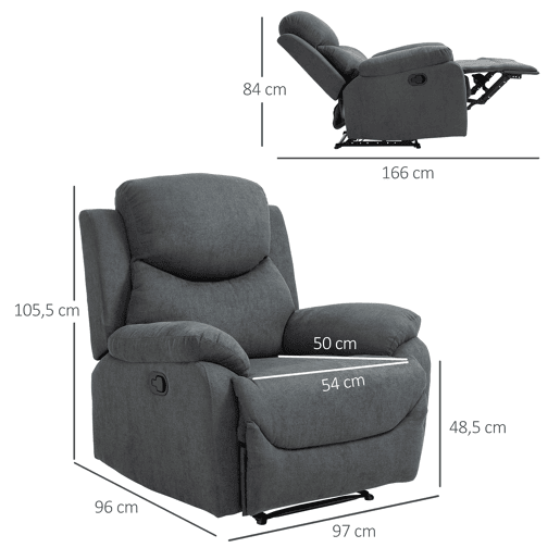 HOMCOM Poltrona ergonômica estofada Cadeira reclinável manualmente 150º com apoio de braço e apoio de pes Acolchoado Esponja grossa Suporta até 150 kg 97x96x105.5 cm Cinza