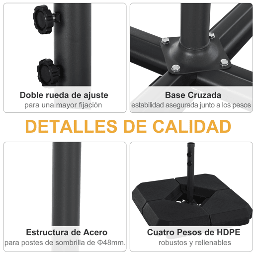 Outsunny Base para Chapéu de Sol com Pesos Recarregáveis com Água ou Areia 15L 80x80x50cm Preto cruz com Tubo de Aço 80x80x56 cm Preto
