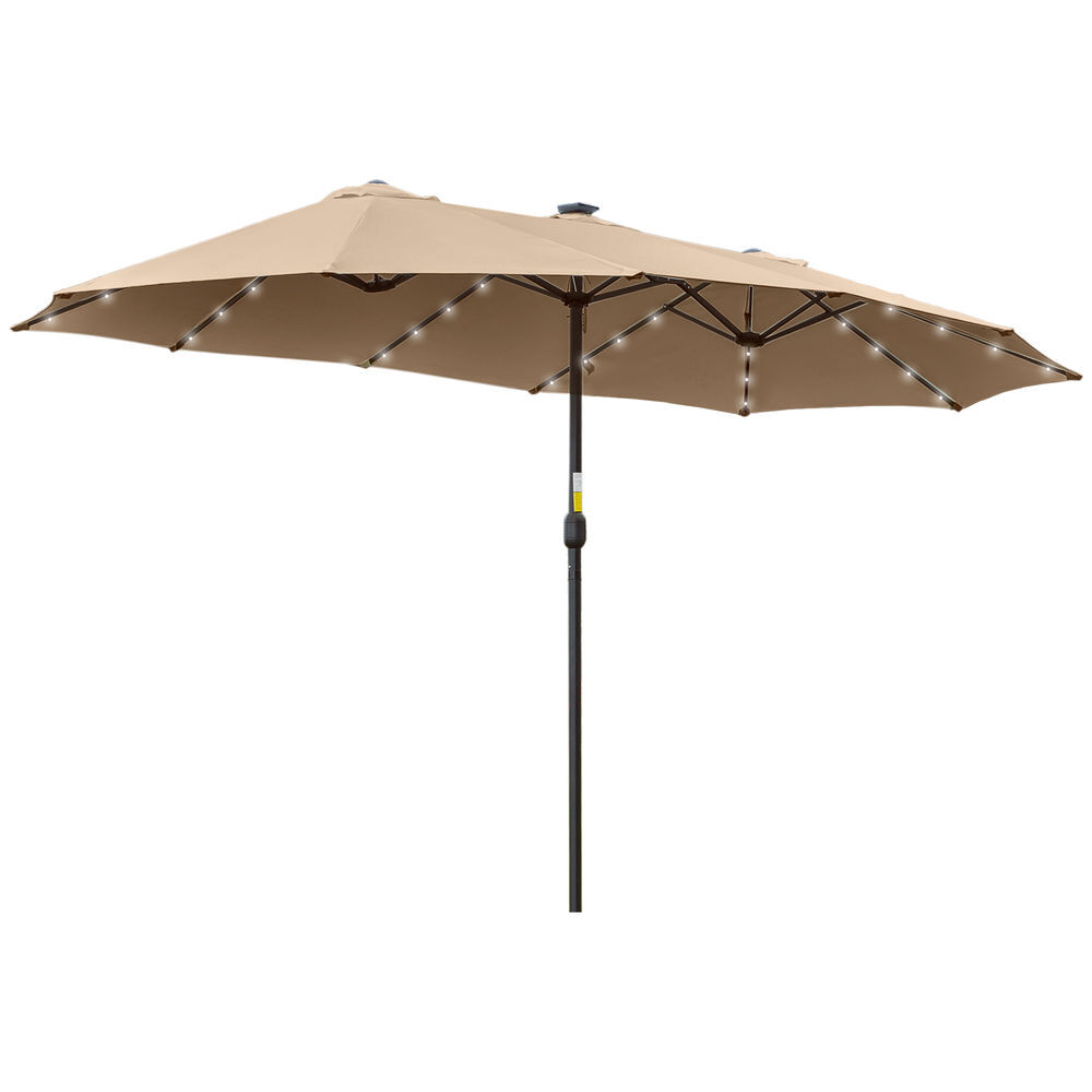 Outsunny sombrilla doble con 48 luces led, 4,5x2,7 m, sombrilla terraza exterior con manivela manual, resistente al agua y protección solar, parasol para jardín, terraza, patio y piscina, caqui