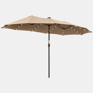 Outsunny Chapéu de Sol Duplo com 48 Luzes LED, 4,5x2,7 m, Chapéu de Sol para Terraço Exterior com Manivela Manual, Resistente à Água e com Proteção Solar, Guarda-sol para Jardim, Terraço, Pátio e Piscina, Cor Caqui