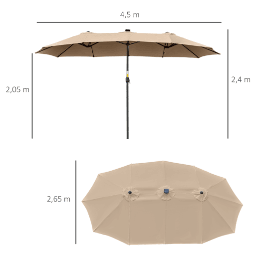 Outsunny Chapéu de Sol Duplo com 48 Luzes LED, 4,5x2,7 m, Chapéu de Sol para Terraço Exterior com Manivela Manual, Resistente à Água e com Proteção Solar, Guarda-sol para Jardim, Terraço, Pátio e Piscina, Cor Caqui