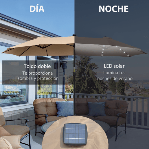 Outsunny Chapéu de Sol Duplo com 48 Luzes LED, 4,5x2,7 m, Chapéu de Sol para Terraço Exterior com Manivela Manual, Resistente à Água e com Proteção Solar, Guarda-sol para Jardim, Terraço, Pátio e Piscina, Cor Caqui