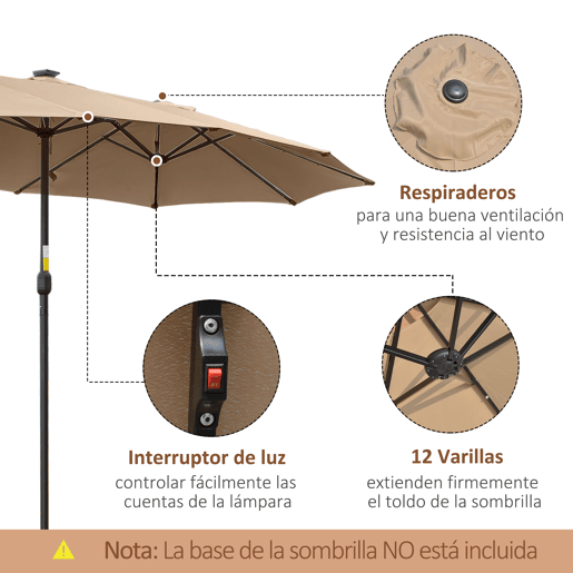 Outsunny Chapéu de Sol Duplo com 48 Luzes LED, 4,5x2,7 m, Chapéu de Sol para Terraço Exterior com Manivela Manual, Resistente à Água e com Proteção Solar, Guarda-sol para Jardim, Terraço, Pátio e Piscina, Cor Caqui