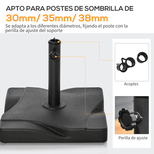 Outsunny Base para Chapéu de Sol Quadrada Suporte para Chapéu de Sol para Mastros com Diámetro de 30mm 35mm e 38mm 41,5x41,5x35cm Preto