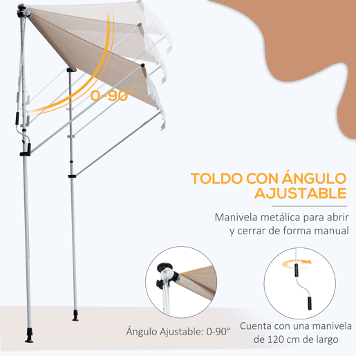 Outsunny Toldo Manual Retrátil 200x150 cm com Manivela de Alumínio Ângulo Ajustável Proteção Solar para Varanda Jardim Pátio Bege