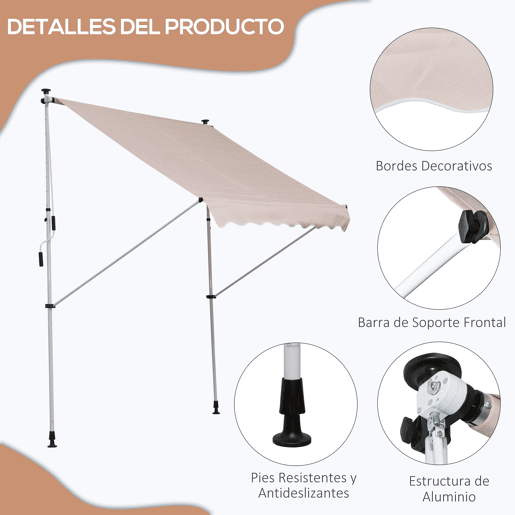 Outsunny Toldo Manual Retrátil 200x150 cm com Manivela de Alumínio Ângulo Ajustável Proteção Solar para Varanda Jardim Pátio Bege