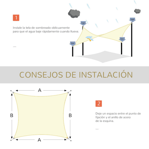 Outsunny Vela de Sombra Retangular 3x4 m Toldo Vela de HDPE com Proteção UV Aneis em Forma de D e Cordas para Jardim Pátio Piscina Creme