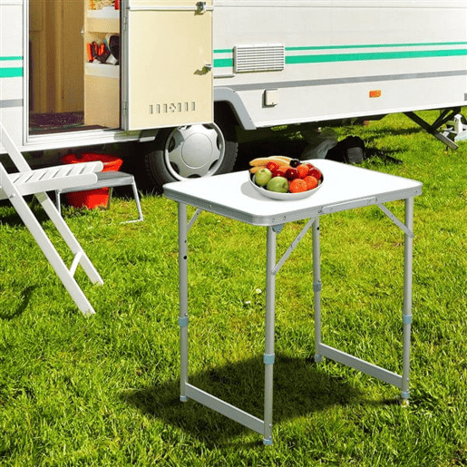 Outsunny Mesa de Campismo Dobrável e Ajustável de 47,5 a 64 cm - Cor: Branco - Alumínio e MDF - 60 x 45 x 64 cm