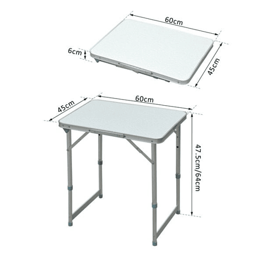 Outsunny Mesa de Campismo Dobrável e Ajustável de 47,5 a 64 cm - Cor: Branco - Alumínio e MDF - 60 x 45 x 64 cm