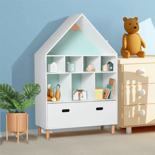 HOMCOM Estante de Madeira Infantil em Forma de Casa Estante para Crianças com 8 Compartimentos Abertos e Gaveta de 2 Cores 82x30x126cm Branco