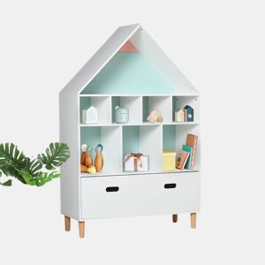 HOMCOM Estante de Madeira Infantil em Forma de Casa Estante para Crianças com 8 Compartimentos Abertos e Gaveta de 2 Cores 82x30x126cm Branco