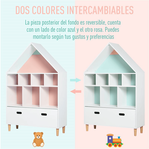 HOMCOM Estante de Madeira Infantil em Forma de Casa Estante para Crianças com 8 Compartimentos Abertos e Gaveta de 2 Cores 82x30x126cm Branco