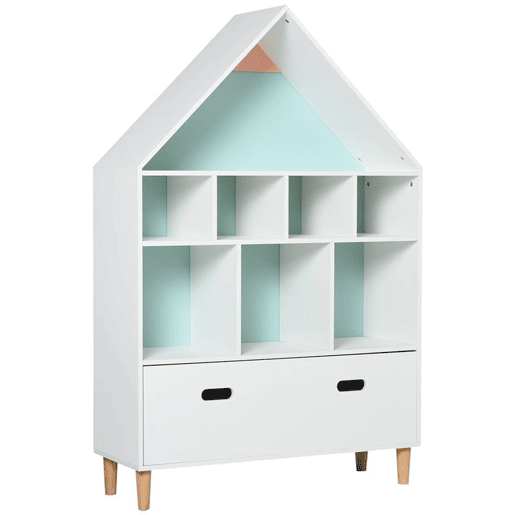 HOMCOM Estante de Madeira Infantil em Forma de Casa Estante para Crianças com 8 Compartimentos Abertos e Gaveta de 2 Cores 82x30x126cm Branco