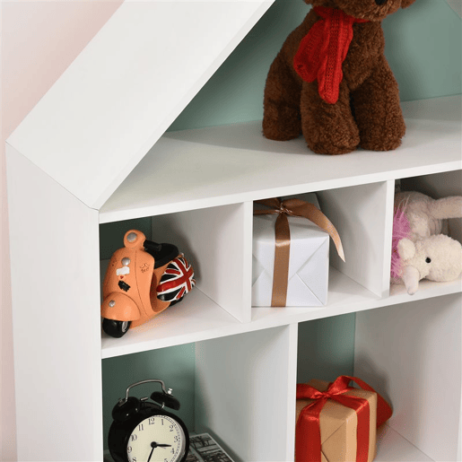 HOMCOM Estante de Madeira Infantil em Forma de Casa Estante para Crianças com 8 Compartimentos Abertos e Gaveta de 2 Cores 82x30x126cm Branco