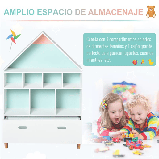 HOMCOM Estante de Madeira Infantil em Forma de Casa Estante para Crianças com 8 Compartimentos Abertos e Gaveta de 2 Cores 82x30x126cm Branco