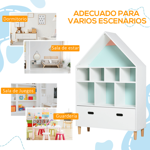 HOMCOM Estante de Madeira Infantil em Forma de Casa Estante para Crianças com 8 Compartimentos Abertos e Gaveta de 2 Cores 82x30x126cm Branco