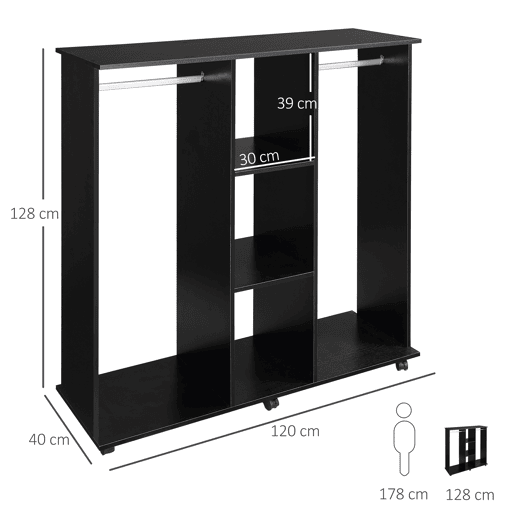HOMCOM Roupeiro de Madeira Móvel Armário Roupeiro Aberto com 2 Barras para Pendurar e 3 Prateleiras Organizadoras para Dormitório 120x40x128cm Preto