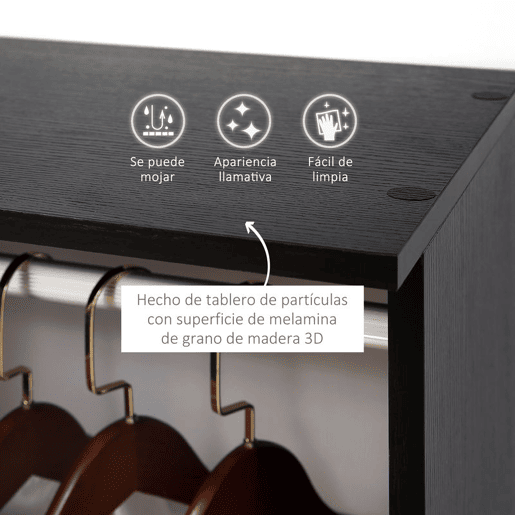 HOMCOM Roupeiro de Madeira Móvel Armário Roupeiro Aberto com 2 Barras para Pendurar e 3 Prateleiras Organizadoras para Dormitório 120x40x128cm Preto