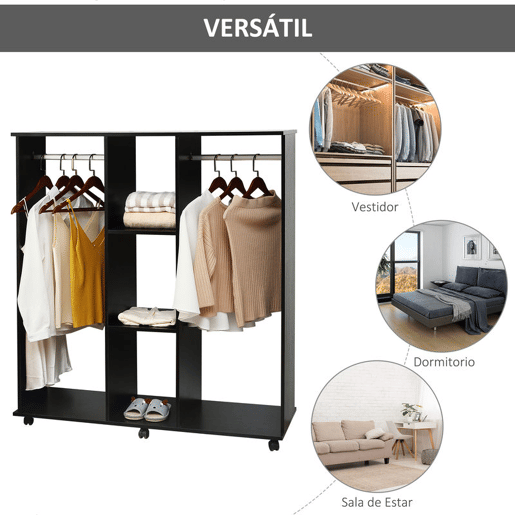 HOMCOM Roupeiro de Madeira Móvel Armário Roupeiro Aberto com 2 Barras para Pendurar e 3 Prateleiras Organizadoras para Dormitório 120x40x128cm Preto