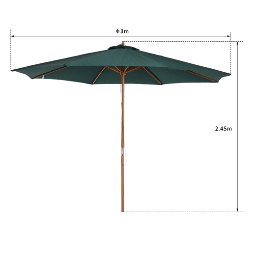 Outsunny Chapéu de Sol Ø300x250cm Chapéu de Sol com Mastro de Madeira com 8 Hastes Sistema de Polia com Fixação para Jardim Pátio Terraço Verde