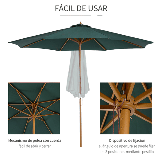 Outsunny Chapéu de Sol Ø300x250cm Chapéu de Sol com Mastro de Madeira com 8 Hastes Sistema de Polia com Fixação para Jardim Pátio Terraço Verde