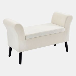 HOMCOM Banco para Pé de Cama Estofado em Veludo Banco de Armazenamento Acolchoado com Tampa Apoio para os Braços Pés de Madeira para Dormitório Sala de Estar 111,5x41x65cm Branco Creme
