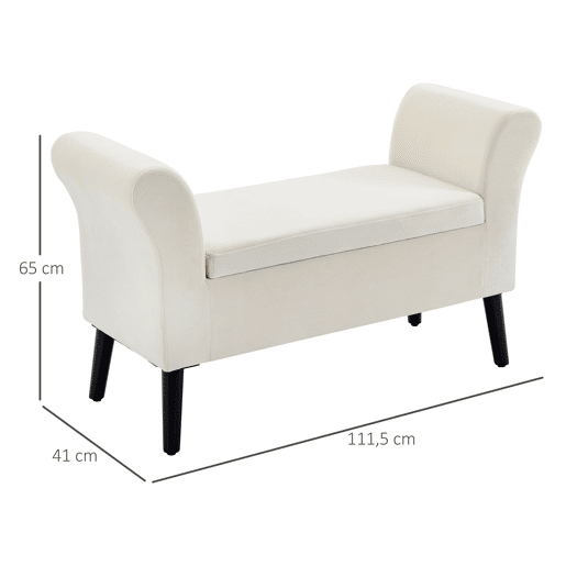 HOMCOM Banco para Pé de Cama Estofado em Veludo Banco de Armazenamento Acolchoado com Tampa Apoio para os Braços Pés de Madeira para Dormitório Sala de Estar 111,5x41x65cm Branco Creme