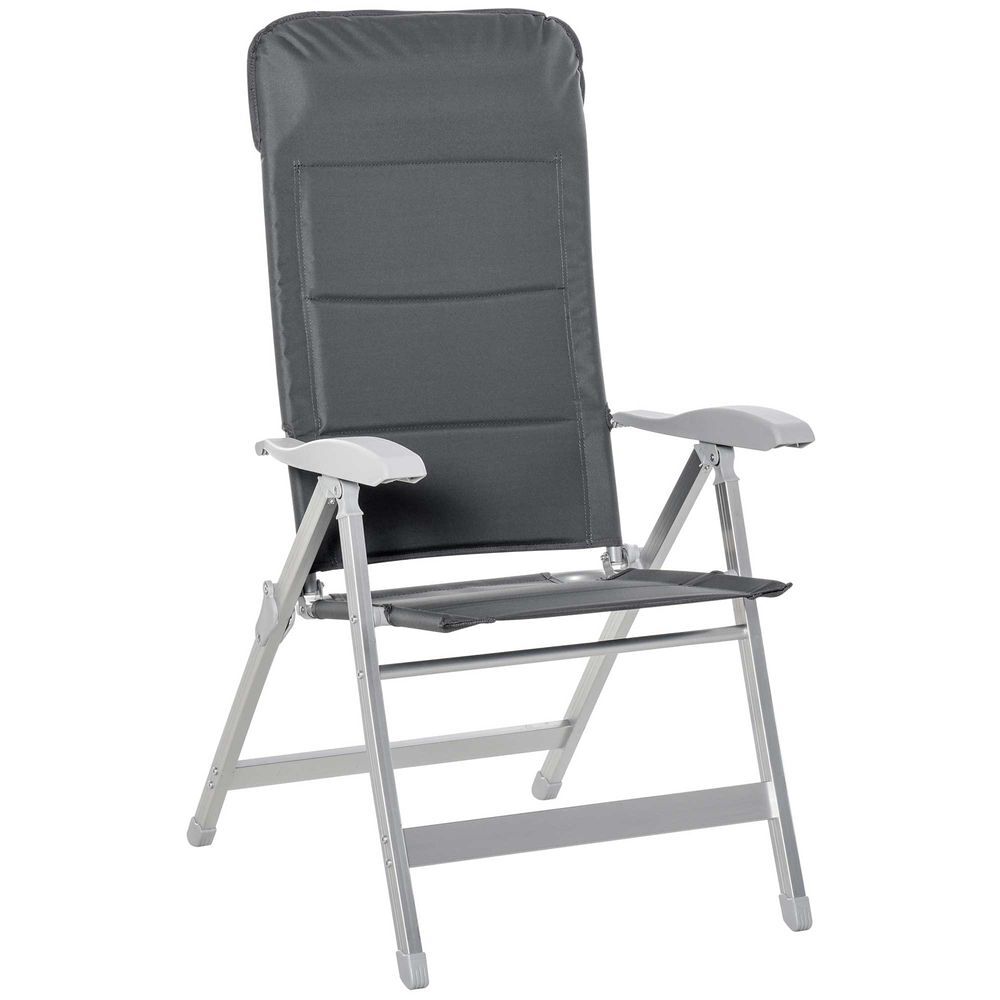 Outsunny silla de jardín plegable portátil de aluminio con respaldo alto ajustable en 8 posiciones y reposacabezas acolchado para exterior terraza camping 75x61,5x115 cm gris