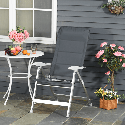 Outsunny Cadeira de Jardim Dobrável Portátil em Alumínio com Encosto Alto Ajustável em 8 Posições e Apoio de Cabeça Acolchoado para Exterior, Terraço, Camping 75x61,5x115 cm Cinzento
