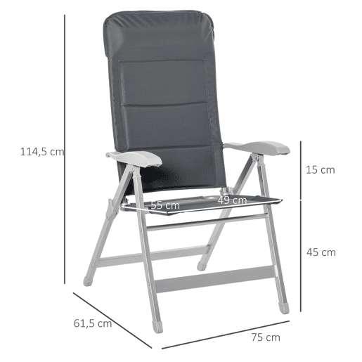 Outsunny Cadeira de Jardim Dobrável Portátil em Alumínio com Encosto Alto Ajustável em 8 Posições e Apoio de Cabeça Acolchoado para Exterior, Terraço, Camping 75x61,5x115 cm Cinzento