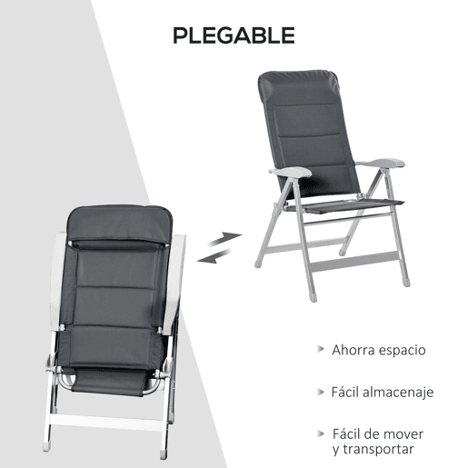 Outsunny Cadeira de Jardim Dobrável Portátil em Alumínio com Encosto Alto Ajustável em 8 Posições e Apoio de Cabeça Acolchoado para Exterior, Terraço, Camping 75x61,5x115 cm Cinzento