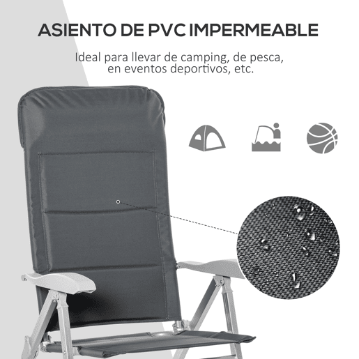 Outsunny Cadeira de Jardim Dobrável Portátil em Alumínio com Encosto Alto Ajustável em 8 Posições e Apoio de Cabeça Acolchoado para Exterior, Terraço, Camping 75x61,5x115 cm Cinzento