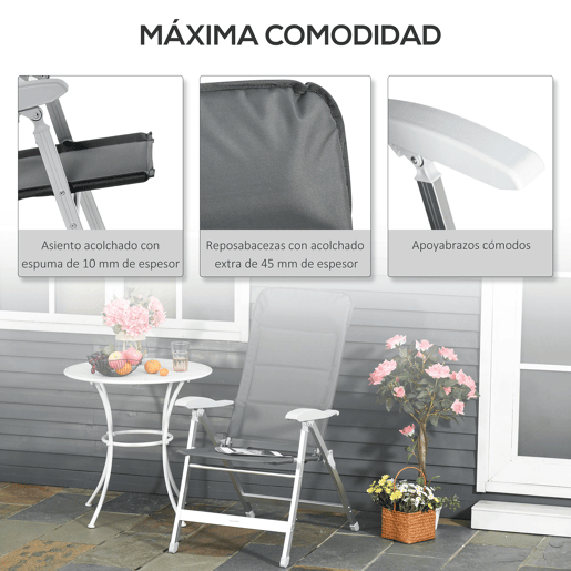 Outsunny Cadeira de Jardim Dobrável Portátil em Alumínio com Encosto Alto Ajustável em 8 Posições e Apoio de Cabeça Acolchoado para Exterior, Terraço, Camping 75x61,5x115 cm Cinzento