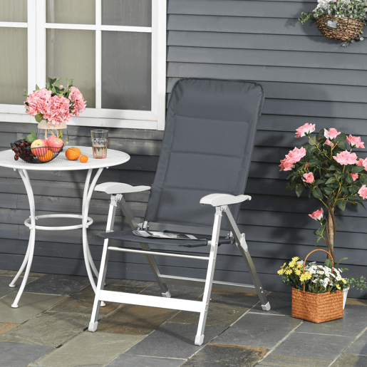 Outsunny Cadeira de Jardim Dobrável Portátil em Alumínio com Encosto Alto Ajustável em 8 Posições e Apoio de Cabeça Acolchoado para Exterior, Terraço, Camping 75x61,5x115 cm Cinzento