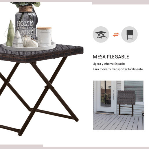 Outsunny Mesa de Jardim em Vime Sintético Mesa de Terraço Exterior Dobrável com Pés Cruzados e Estrutura de Aço para Pátio Varanda 40x40x40 cm Marróm