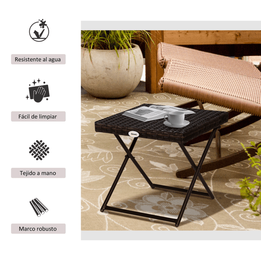Outsunny Mesa de Jardim em Vime Sintético Mesa de Terraço Exterior Dobrável com Pés Cruzados e Estrutura de Aço para Pátio Varanda 40x40x40 cm Marróm