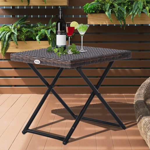 Outsunny Mesa de Jardim em Vime Sintético Mesa de Terraço Exterior Dobrável com Pés Cruzados e Estrutura de Aço para Pátio Varanda 40x40x40 cm Marróm