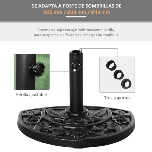 Outsunny Base para Chapéu de Sol Semicircular 9 kg Base para Chapéu de Sol Apto para Mastros de 35 mm 38mm e 48 mm Preenchido dom Cimento para Varanda Pátio 50x32x32cm Preto