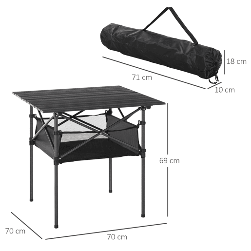 Outsunny Mesa dobrável de camping Mesa de piquenique com malha de armazenamento e bolsa de transporte 70x70x69 cm Preto