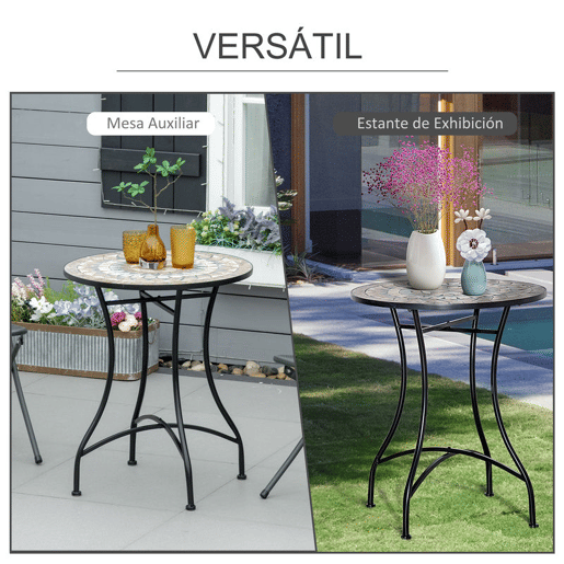 Outsunny Mesa de Jardim Mesa Mosaico Cerâmica e Redonda Mesita de Café para Varanda Terraço F60x71cm