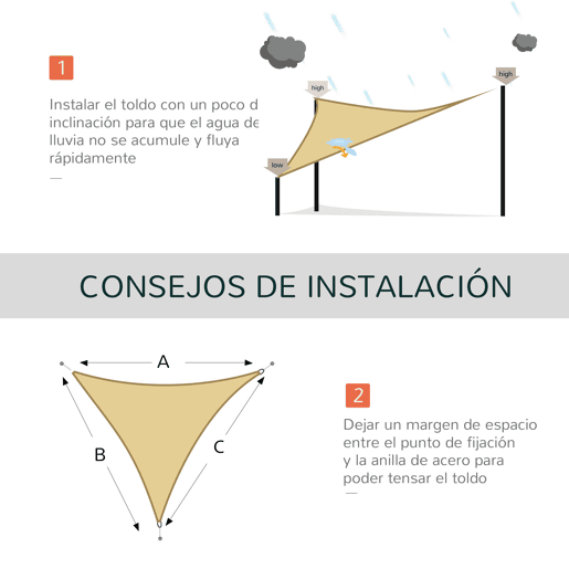 Outsunny Vela de Sombra Triangular 3x3x3 m Toldo Vela de HDPE com Proteção UV Aneis em Forma de D e Cordas para Jardim Pátio Piscina Areia
