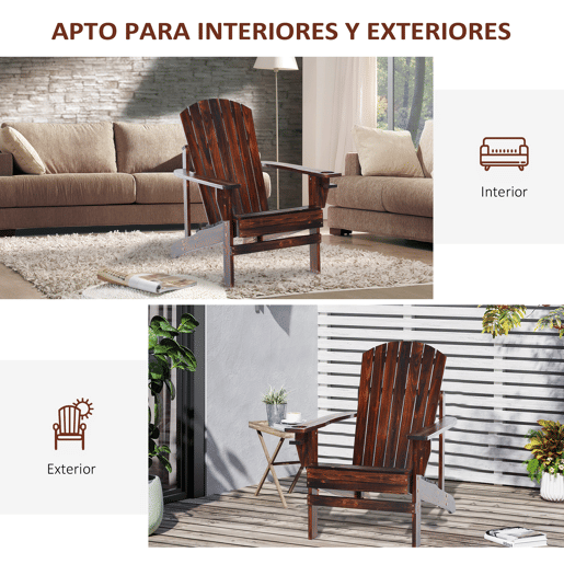 Outsunny Cadeira Adirondack de Madeira Cadeira de Jardim com Apoio para os Braços Encosto Alto para Terraço Balcão Exterior 72,5x97x96cm Marrom