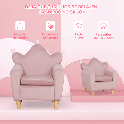 HOMCOM Poltrona Infantil Mini Sofá para Crianças Acima de 3 Anos com Assento Acolchoado Apoio para os Braços e Estrutura de Madeira Carga Máxima 45kg 50x42x58cm Rosa