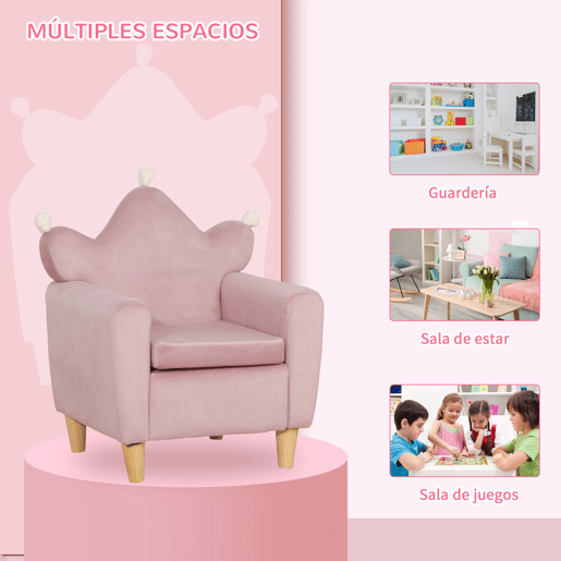 HOMCOM Poltrona Infantil Mini Sofá para Crianças Acima de 3 Anos com Assento Acolchoado Apoio para os Braços e Estrutura de Madeira Carga Máxima 45kg 50x42x58cm Rosa