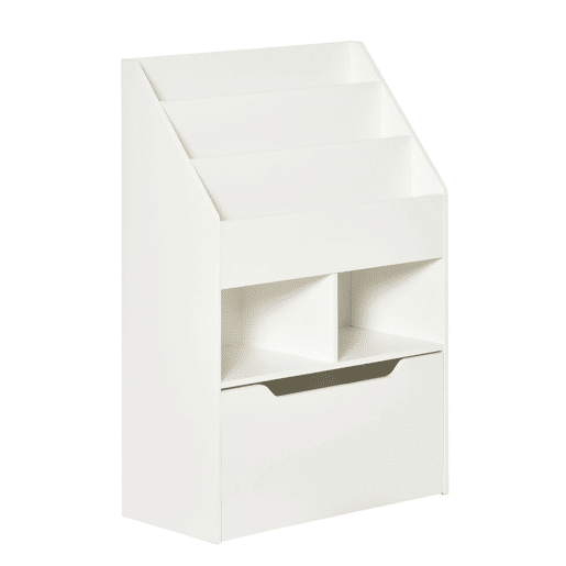 HOMCOM Estante de Madeira para Brinquedos com 3 Compartimentos 2 Cubos e Gaveta Móvel com 4 Rodas Estante para Livros Infantil para Dormitório Infantil Sala de Jogos 60x29,9x90cm Branco