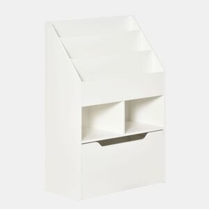 HOMCOM Estante de Madeira para Brinquedos com 3 Compartimentos 2 Cubos e Gaveta Móvel com 4 Rodas Estante para Livros Infantil para Dormitório Infantil Sala de Jogos 60x29,9x90cm Branco