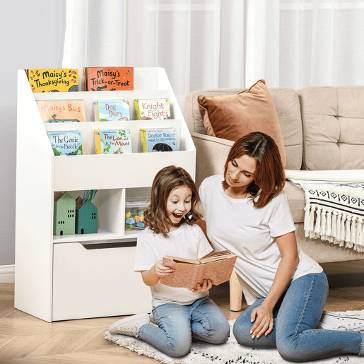HOMCOM Estante de Madeira para Brinquedos com 3 Compartimentos 2 Cubos e Gaveta Móvel com 4 Rodas Estante para Livros Infantil para Dormitório Infantil Sala de Jogos 60x29,9x90cm Branco